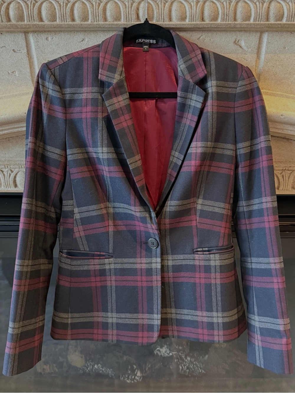 Express Plaid Single-Button Blazer in Burgundy and Gray